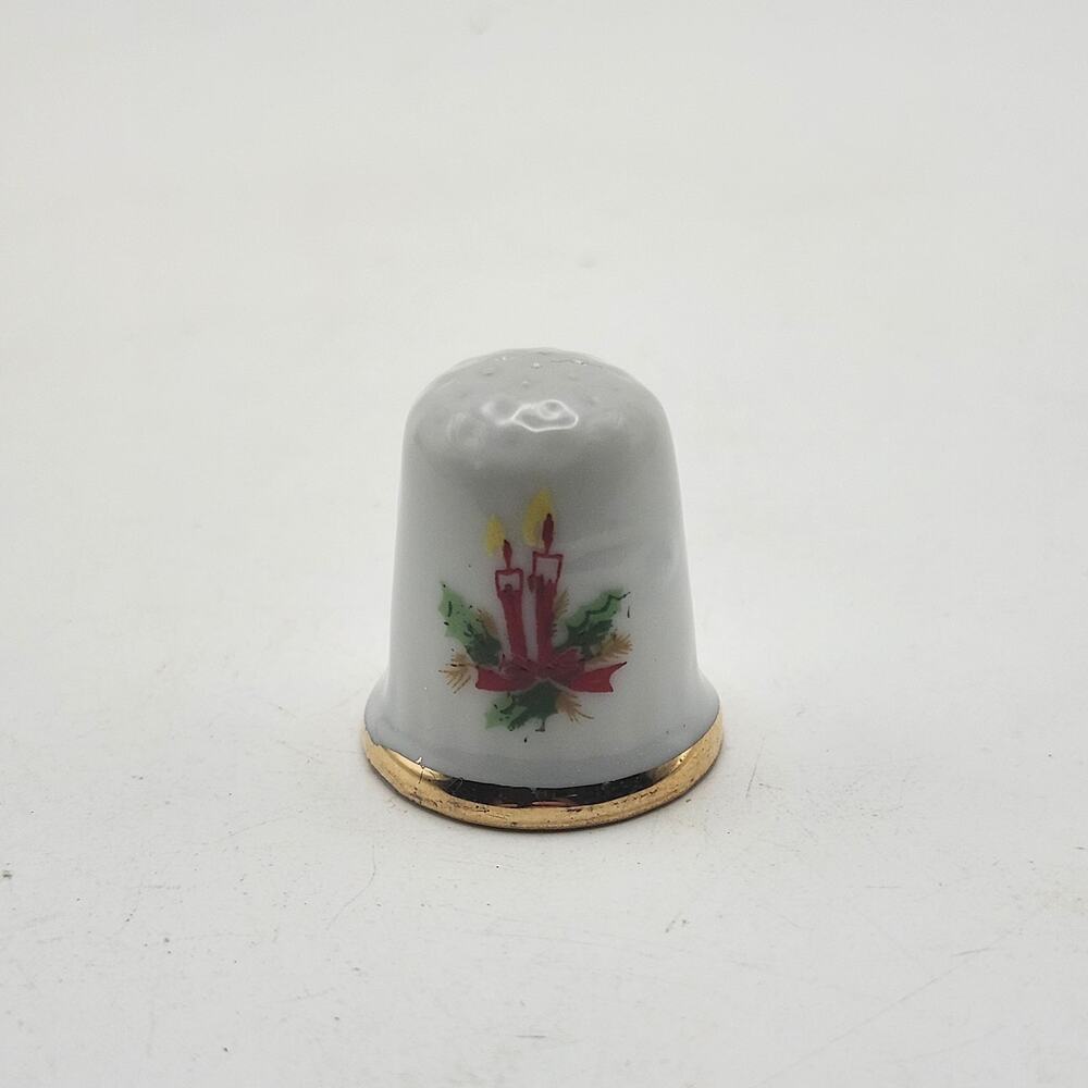 Vintage Enesco Japan Porcelain Christmas Thimble Candles Holly Gold Trim Mini
